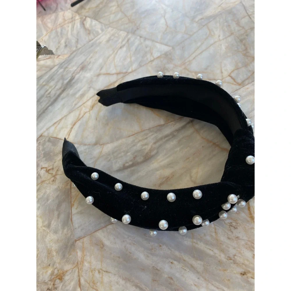 Black Velvet Faux Pearl Top Knot Headband Wide Statement Hair Accessory